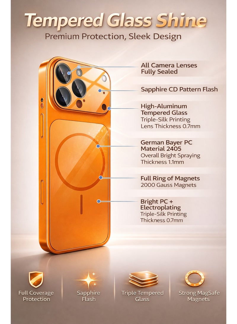 جراب MagSafe برتقالي اللون لهاتف iPhone 17 Pro Max، غطاء خلفي للهاتف، حلقة مغناطيسية قوية (2000Gs)، ظهر زجاجي مقوى غير لامع مقاوم للخدش، حماية كاملة لعدسة الكاميرا، طلاء مقاوم للخدش وبصمات الأصابع، غطاء نحيف صلب من البولي كربونات مقاوم للصدمات - Image 3